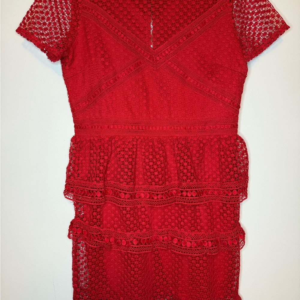Aqua Vibrant Red Lace Midi Dress